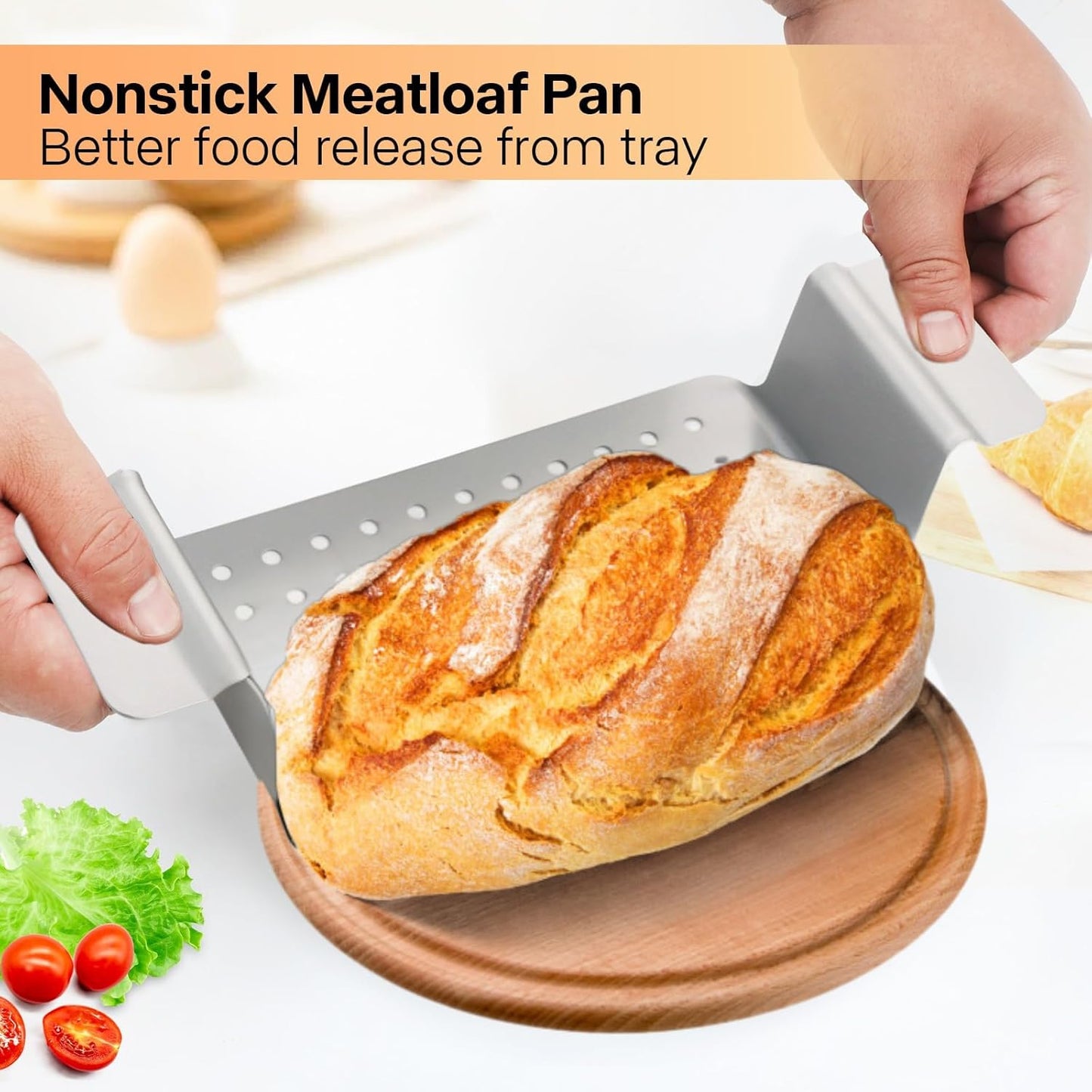 Meat Loaf Pan with Drip Tray, Meatloaf Pan 2LB, 2-Set Meatloaf Pan with Drain Tray Nonstick, Large Rectangular Pans for Baking Bread, Meat and Draining Grease Off, Oven Safe, Silver
