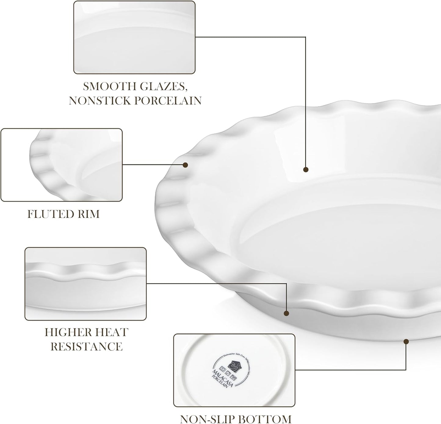 MALACASA Ceramic Pie Pan Set of 2, 9 inch, 40 oz Round Pie Dishes with Fluted Edges, Non Stick, For Quiche, Apple Pies, Pot Pies & More