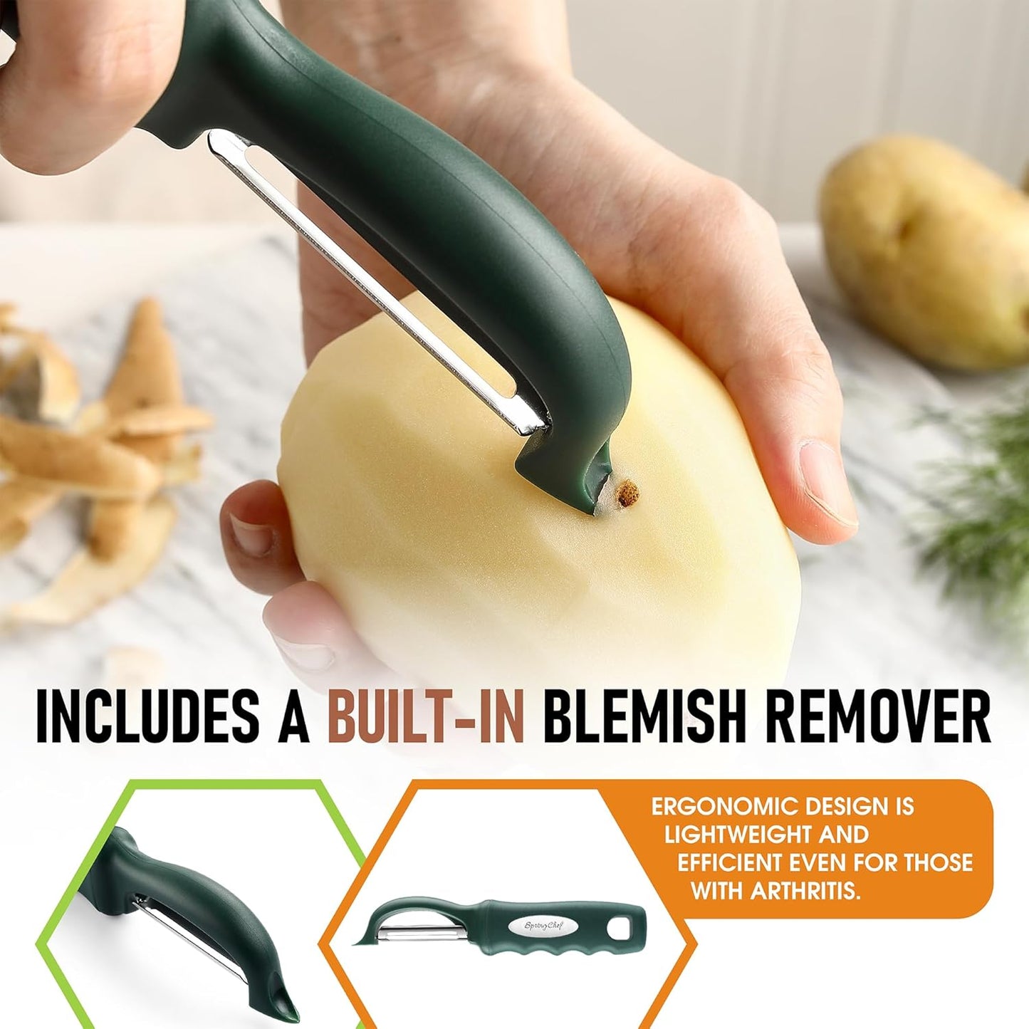 Spring Chef Professional Swivel Vegetable Peeler for Kitchen, Stainless Steel Potato Peeler with Comfortable Handle, Great for Apple, Veggie, Carrot, Cucumber - Dishwasher Safe - Pine Green
