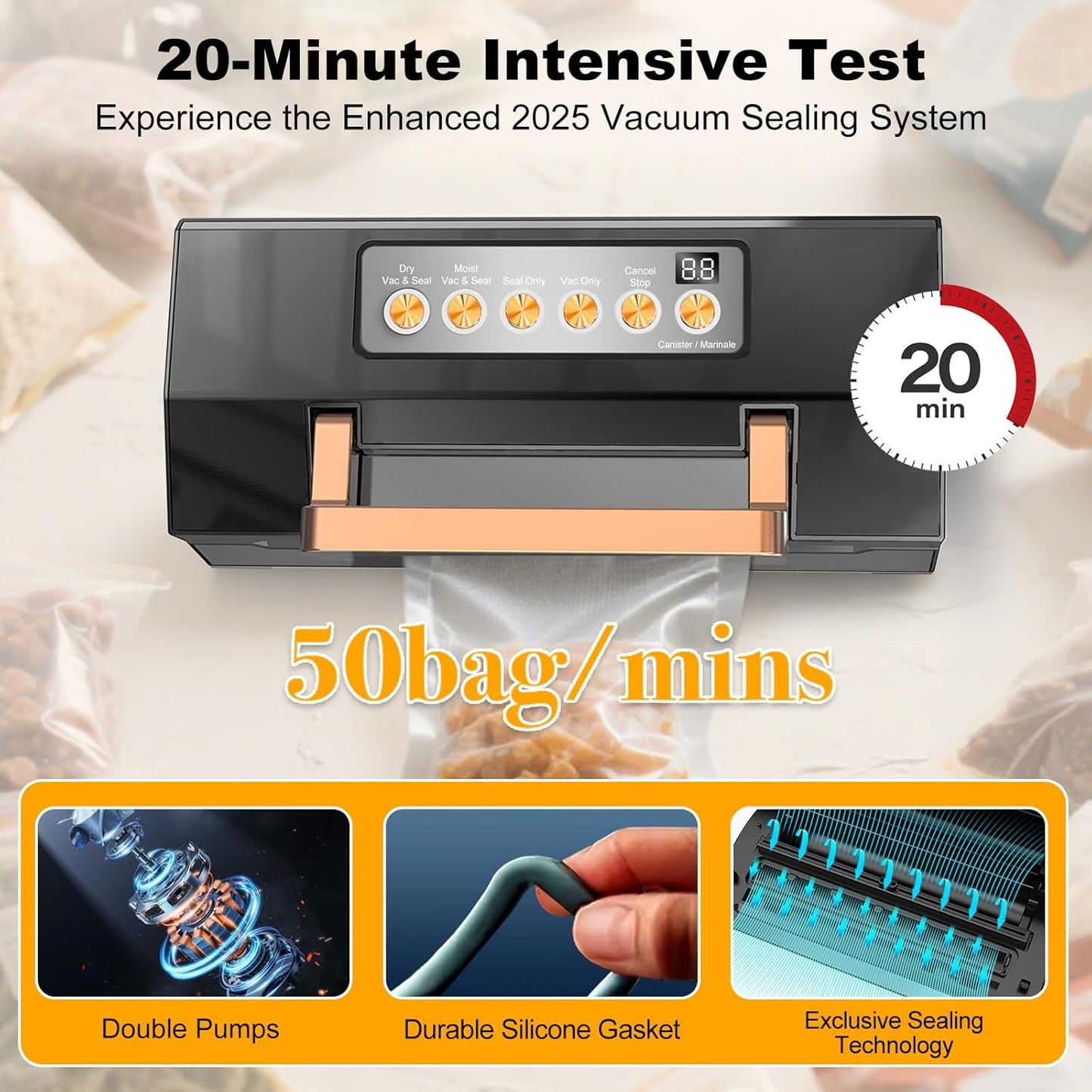 Powerful Suction Vacuum Sealer Machine,Commercial Fully Automatic Food Vacuum Sealer with Double Heat Seal,Dry & Moist Modes,Built-in Cutter,Bags Storage,Easy-Lock Handle,Include 2 Bag Rolls (Black)