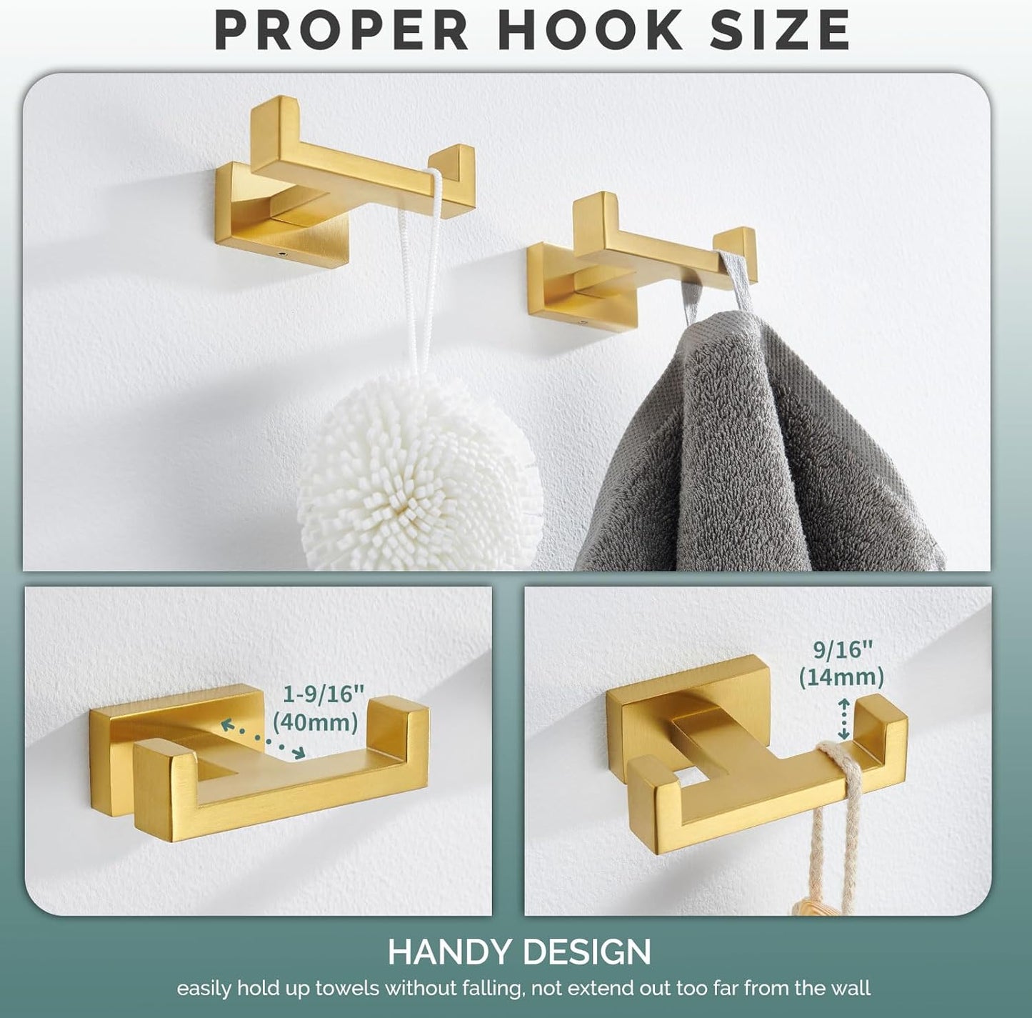 Angle Simple Double Towel Hook Brushed Gold 2 PCS, SUS304 Stainless Steel Bathroom Hand Towel Holder, Double Robe Hook for Wall