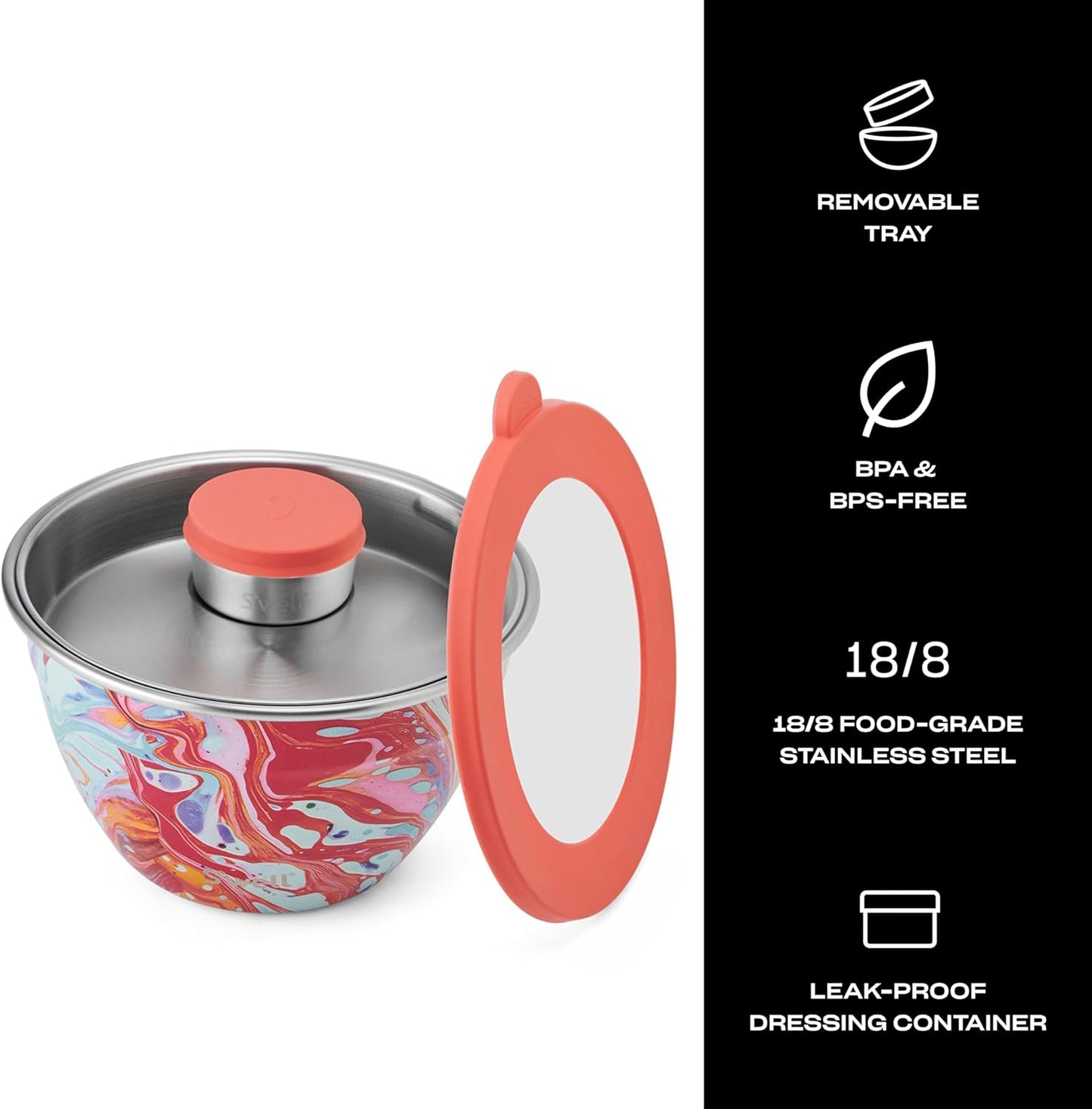 S'well Stainless Steel Salad Bowl Kit 64oz, Marble Swirl, Comes with 2oz Mini Canister and Removable Tray for Organization, Leakproof, Easy to Clean, Dishwasher Safe