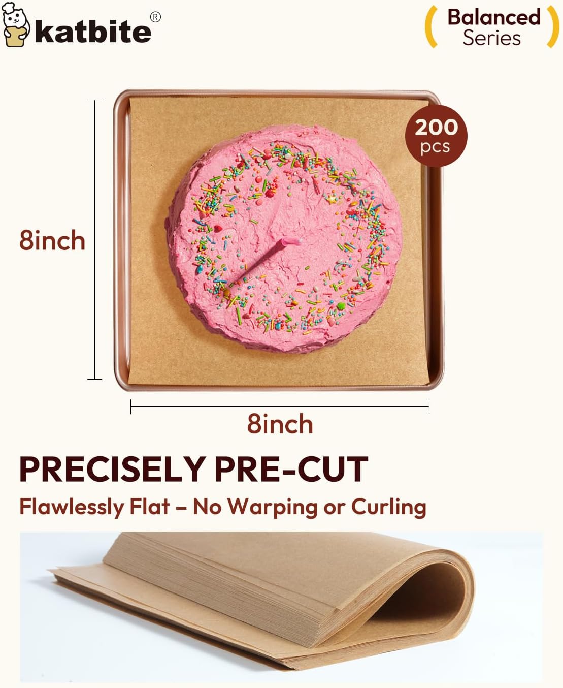 Katbite 200 Pcs Parchment Paper, 8 x 8 Inch Unbleached Baking Paper, Oil Resistant & Easy Clean, Non-Stick Precut Parchment Paper Sheets for Baking Square, Cooking, Air Fryer [Balance Series]
