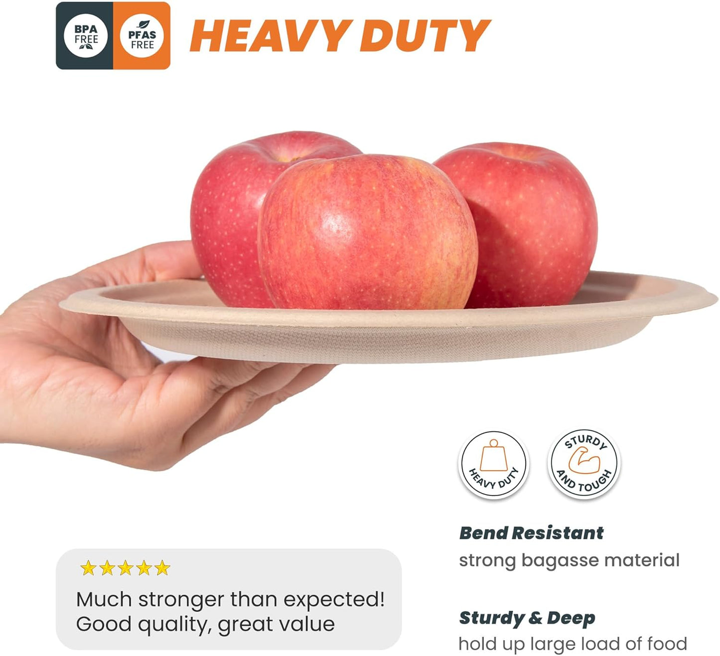 100% Compostable Plates - 125-Count Heavy Duty, Biodegradable Bagasse Plates - Eco Friendly and Sustainable (Natural, 10 inch)