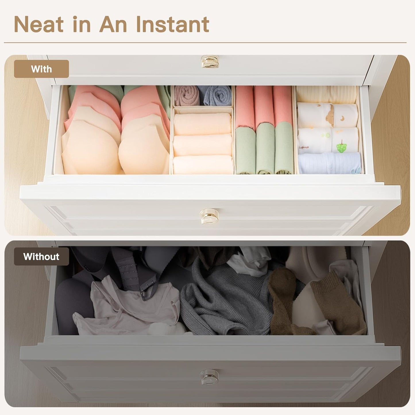 Criusia Drawer Organizer Clothes, 14 Pack Dresser Organizer for Baby Clothes, Underwear, Sock- Foldable Closet Organization and Storage Dividers Bins for Nursery, Bedroom and Dorm (Beige)