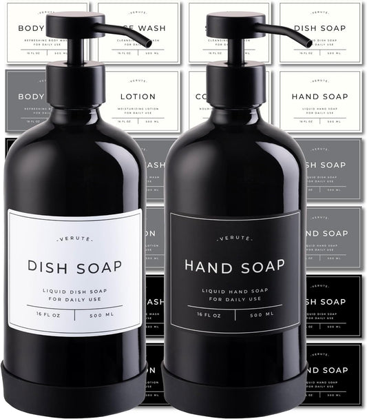 16oz Glass Soap Dispenser with Stainless Steel Pump, 21 Waterproof Labels, Non-Slip Protective Silicone Pad, Set of 2 for Bathroom & Kitchen (Gloss Black Bottle/Black Pump)