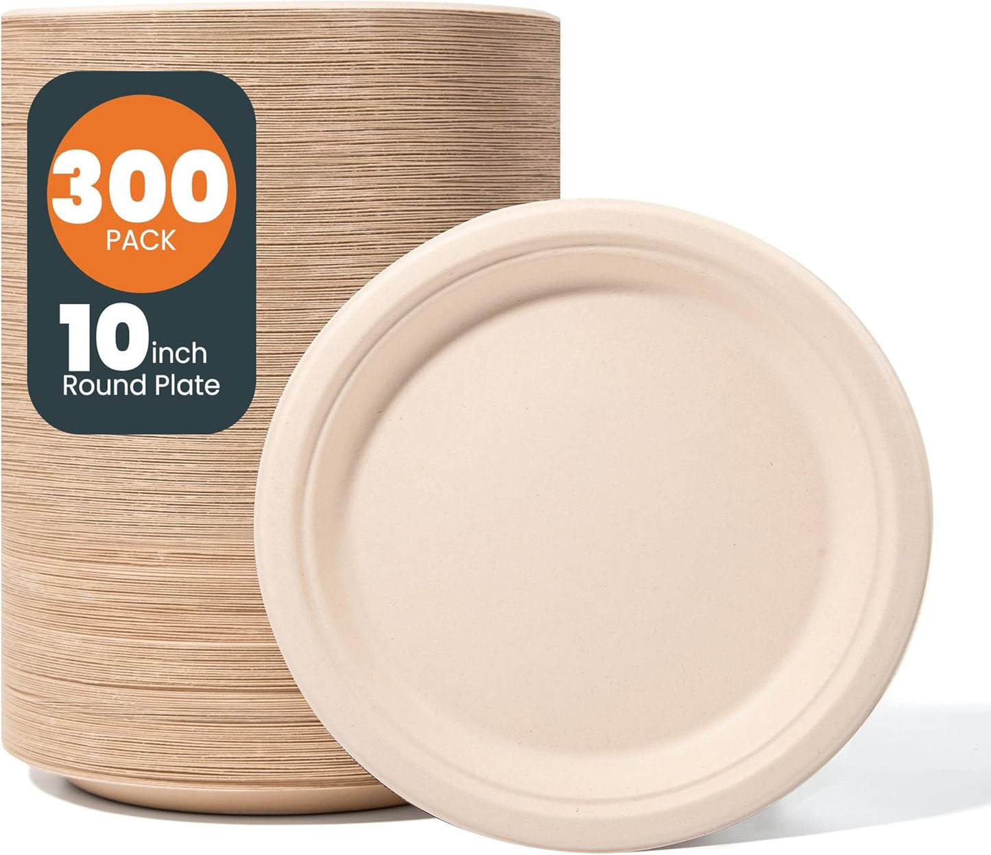 100% Compostable Paper Plates - 10 Inch, Bulk 300 Count - Disposable, Heavy Duty, Biodegradable Plates Made of Bagasse - Eco-Friendly, Large Size (Natural)