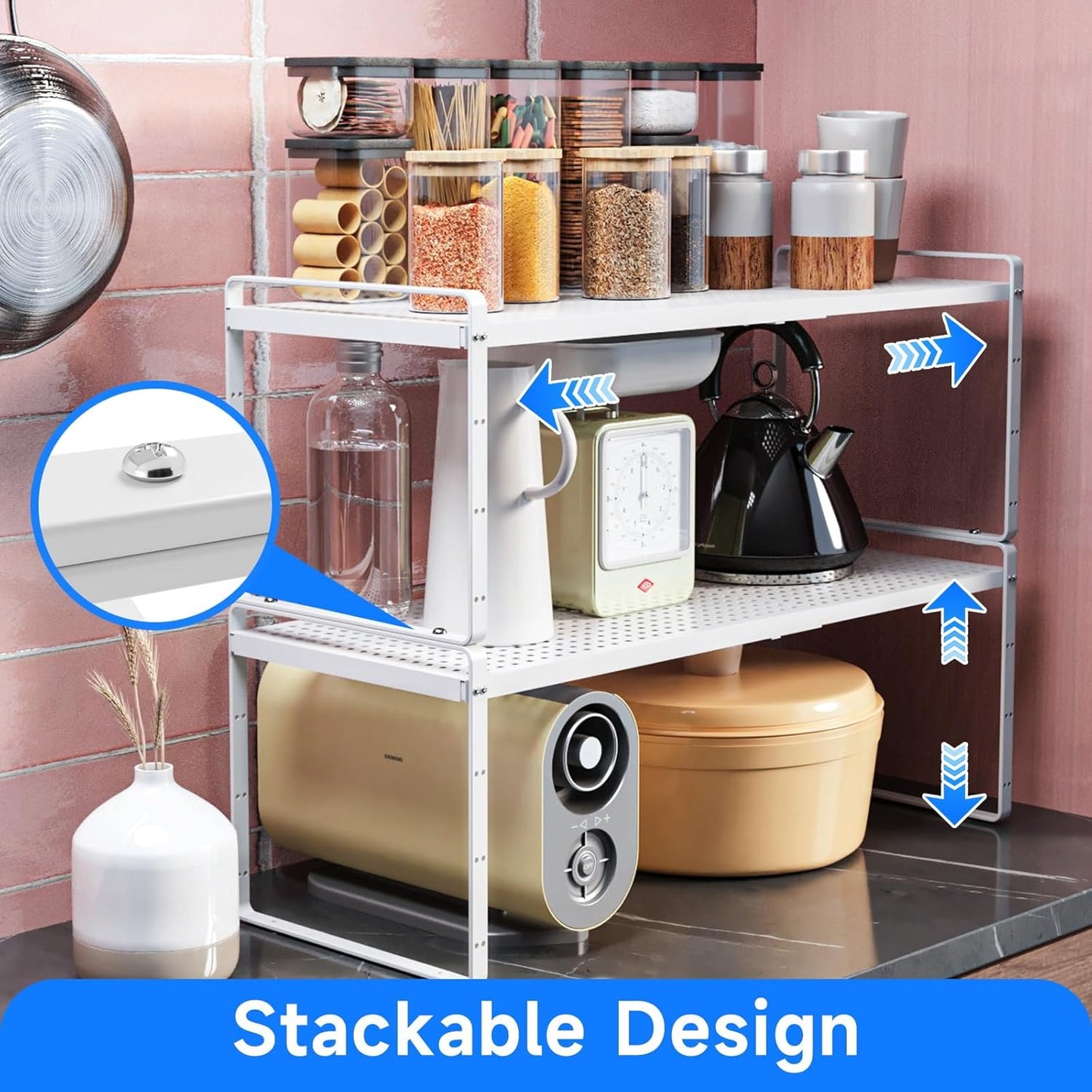 Expandable Cabinet Shelf Organizers, Kitchen Small Stand Rack Organization for Countertop Cupborad Pantry, White 2 Pack