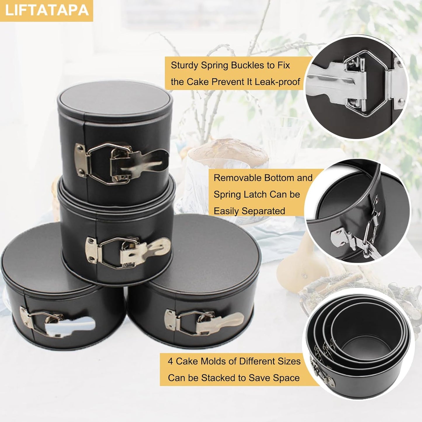 4Pcs Springform Pan (4inch, 5inch, 6inch, 7inch), Non-stick Cake Tin for Baking, Detachable Bottom Carbon Steel Cheesecake Mold Deep Dish Pans Round Cake Molds(Black)