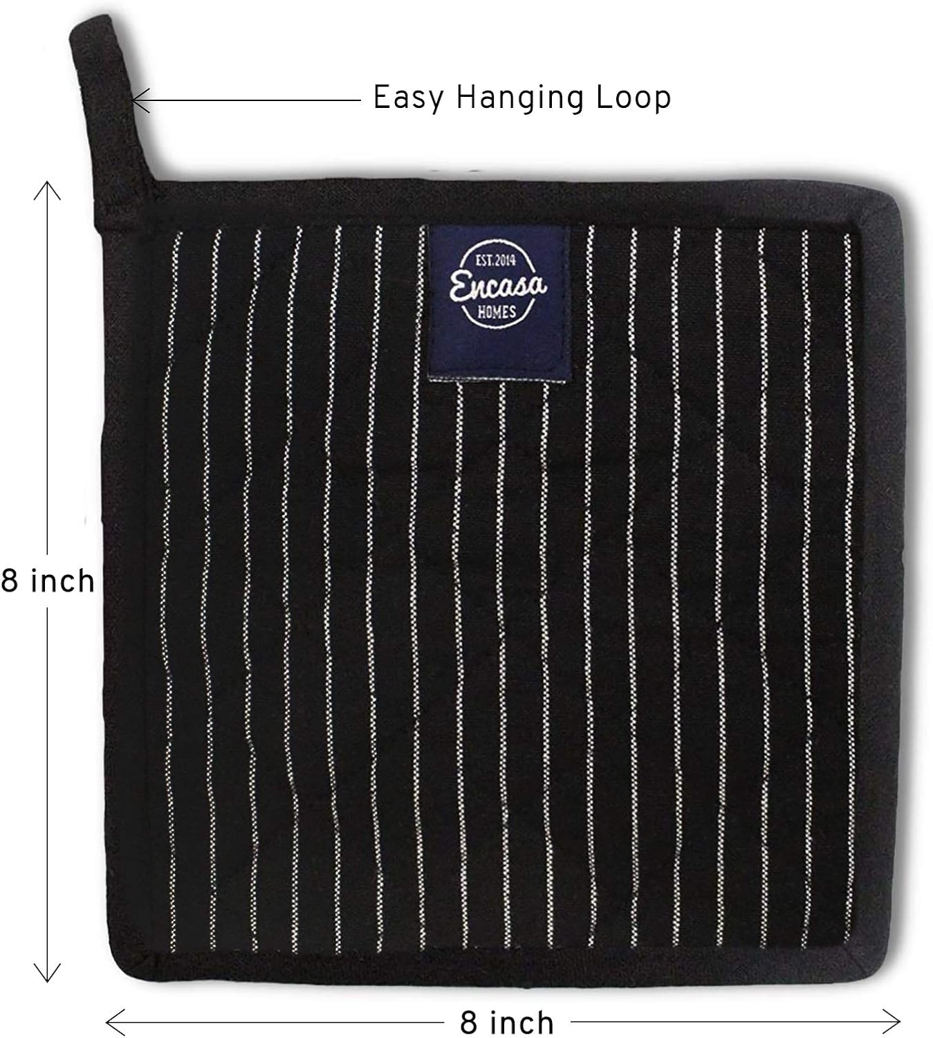 Encasa Homes 8 inches Oven Microwave Potholders (2 pc Set) for Kitchen Cooking & Baking - Heat Resistant, Thick & Safe, Protection of Hands from Hot Utensils - Butcher Stripes Black