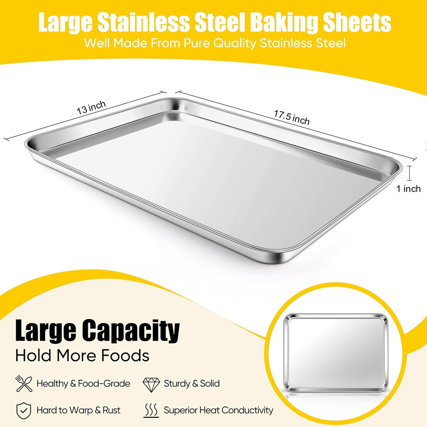 Homikit 2 Pack Baking Sheet, 18” x 13” Stainless Steel Large Cookie Pan Set for Oven, Heavy Duty Metal Half Sheet Baking Tray for Roasting Cooking, Nonstick & Rust Free, Dishwasher Safe