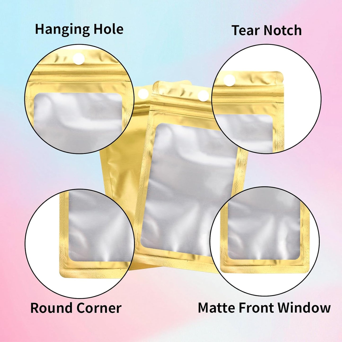 200 Pack Resealable Mylar Holographic Bags Food Storage Smell Proof Bags with Front Window Foil Packaging Pouch for Candy Sample Jewelry Small Business 3.15×5.51 Inch, Gold