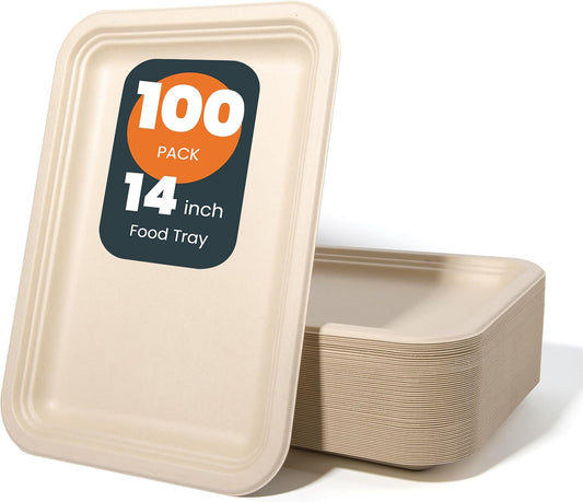 100 Pack 14 Inch Disposable Paper Food Trays for Serving Food, 100% Compostable Heavy-Duty Party Platters, Large Paper Plates for Crawfish Boil Party Supplies, Lobster, Thanksgiving