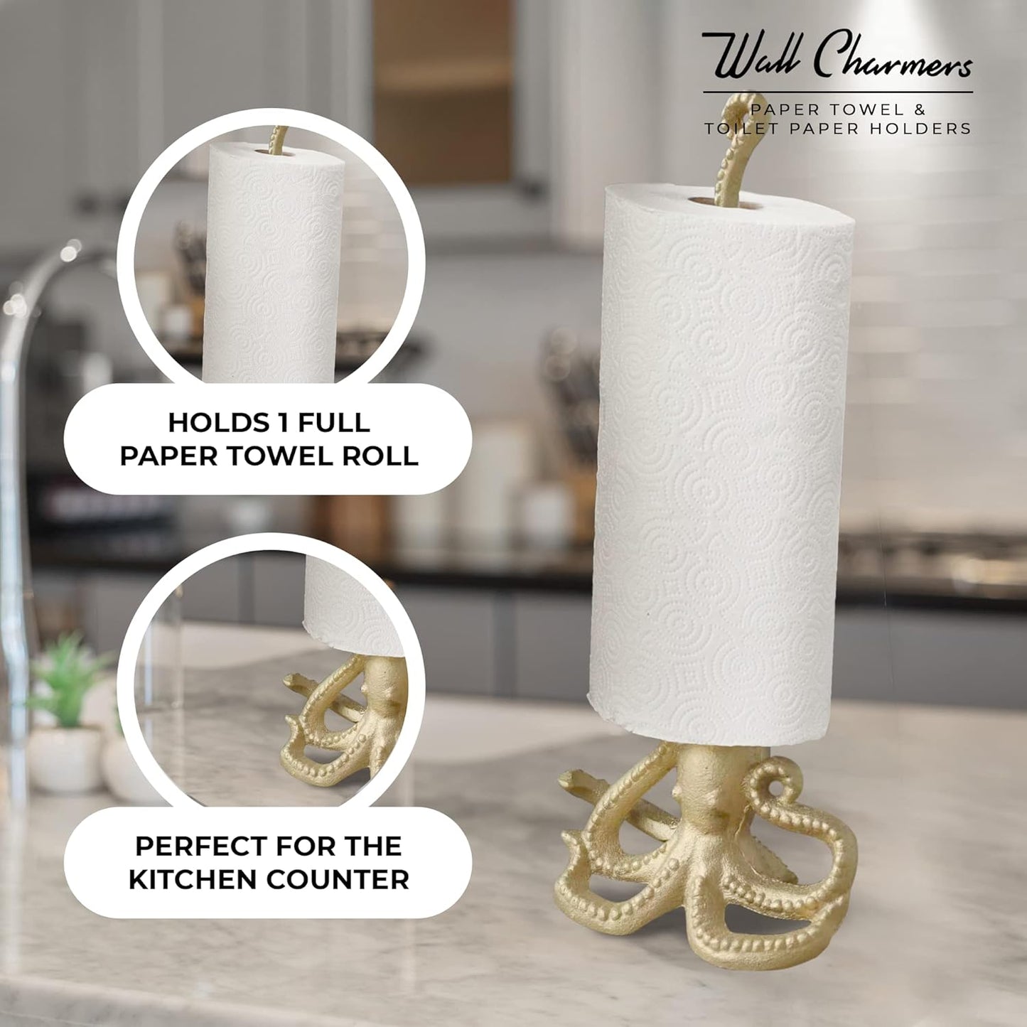 WallCharmers Gold Paper Towel Holder, Metal Toilet or Kitchen Paper Holder for Floor or Countertop, Gold Octopus