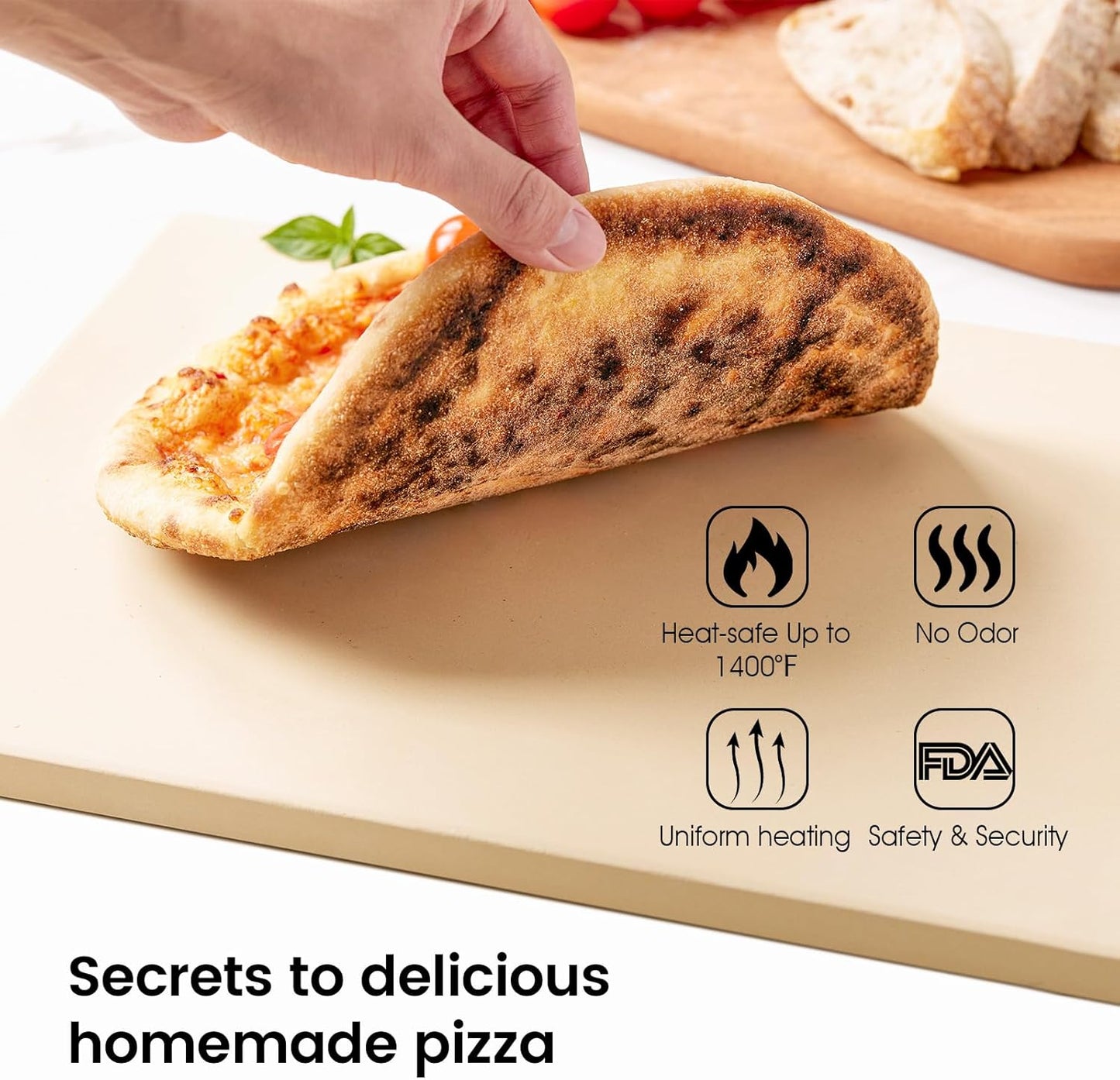 Pizza Stone Set, 15"x12" Rectangular Pizza Stone for Oven Grill BBQ with Wooden Pizza Peel & Oven Mitts, Cordierite Baking Stone for Bread, Unique Built-in 4 Handles Cooking Stone