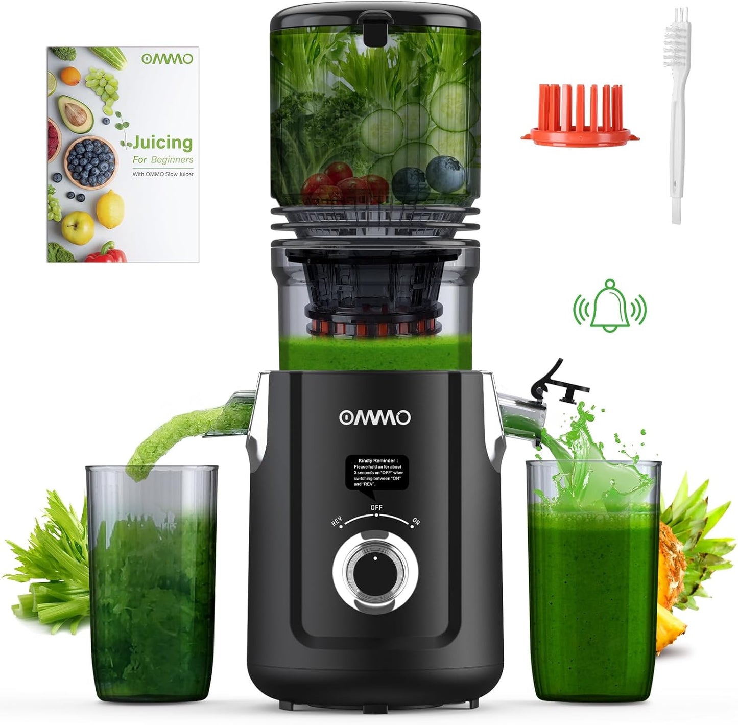 OMMO Cold Press Juicer Machines: 5.1" Wide Chute for Whole Fruits & Veggies, BPA Free Slow Juicer Easy Clean, Beep Alert, Slow Masticating Juicers for Moms/Families/Fitness/Juice Life/Healthy Living