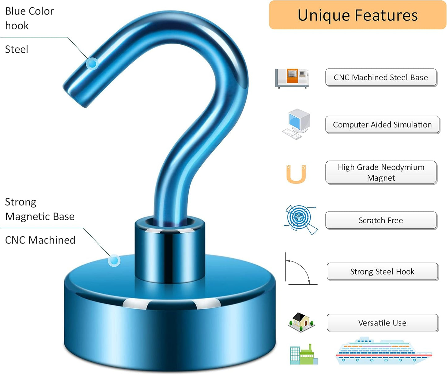 Neosmuk Magnetic Hooks, Heavy Duty Earth Magnets with Hook for Refrigerator, Extra Strong Cruise Hook for Hanging, Magnetic Hanger for Cabins, Grill (Blue, Pack of 10)