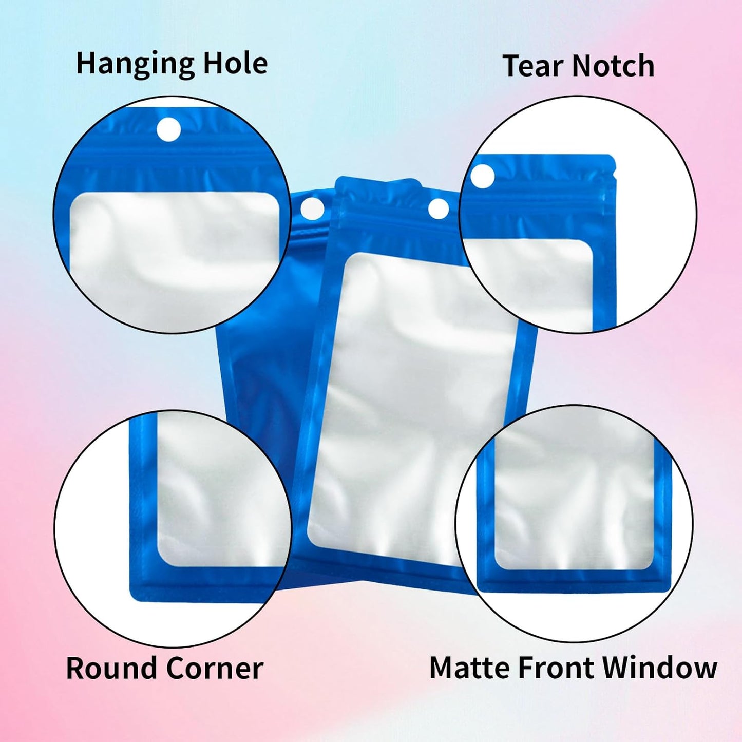 200 Pack Resealable Mylar Holographic Bags Food Storage Smell Proof Bags with Front Window Foil Packaging Pouch for Candy Sample Jewelry Small Business 3.15×5.51 Inch, Blue