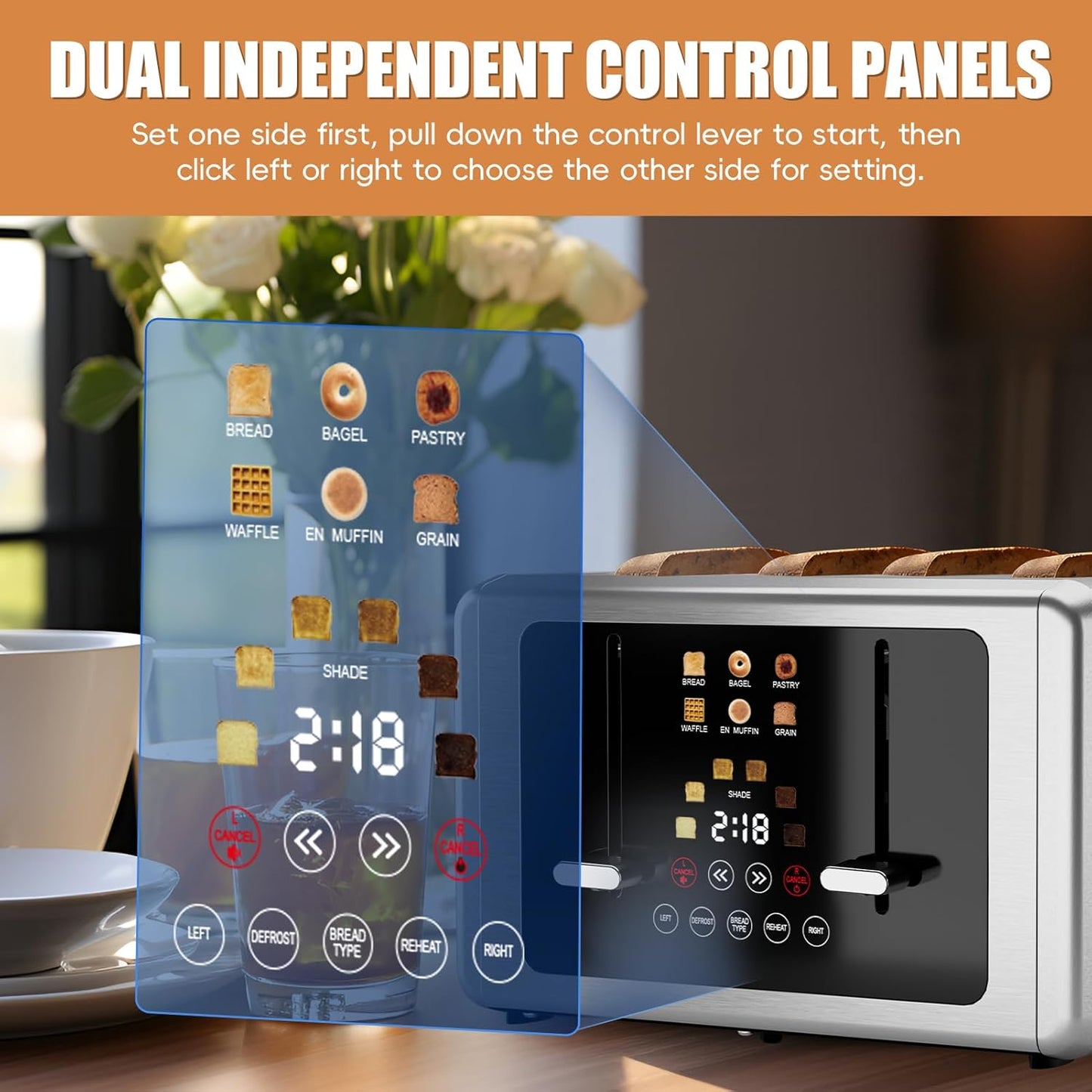 whall 4 Slice Touch Screen Toaster, Stainless Steel Toasters Digital Timer, Dual Control Panel Toasters，6 Shade Settings＆6 Bread Types, Smart Wide Slots, Bagel, Cancel, Defrost,Flat lever Stainless