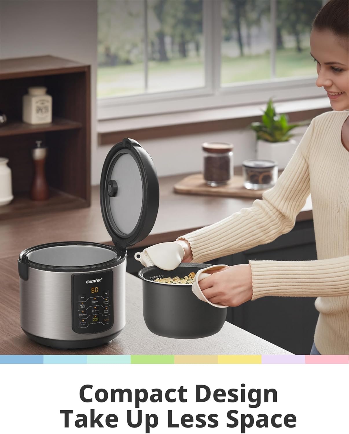 COMFEE' Compact Rice Cooker, 6-in-1 Stainless Steel Multi Cooker, Slow Cooker, Steamer, Saute, and Warmer, 2 QT, 8 Cups Cooked(4 Cups Uncooked), Brown Rice, Quinoa and Oatmeal, 6 One-Touch Programs