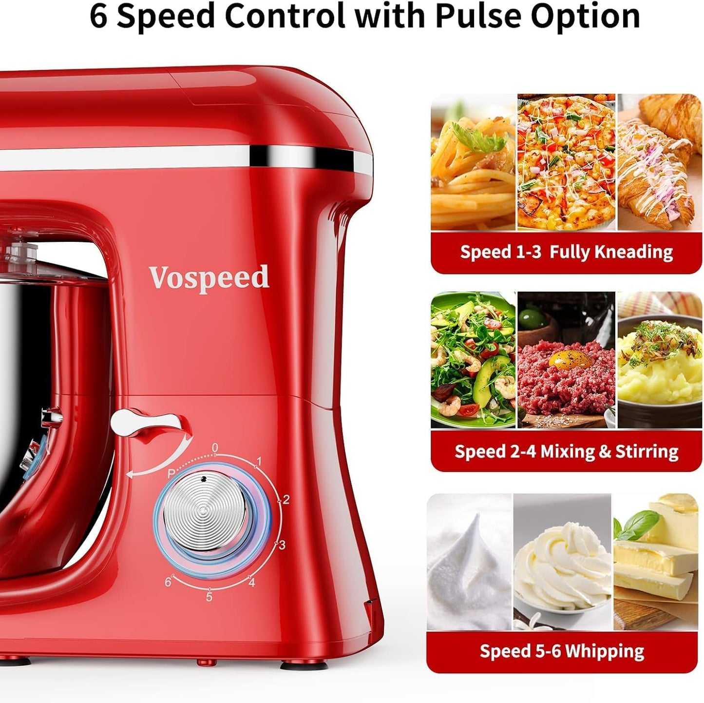Vospeed 9 IN 1 Stand Mixer, 850W Tilt-Head Multifunctional Electric Mixer with 8 QT Stainless Steel Bowl, 1.5L Glass Jar, Meat Grinder, Hook, Whisk, Beater Dishwasher Safe (Red)