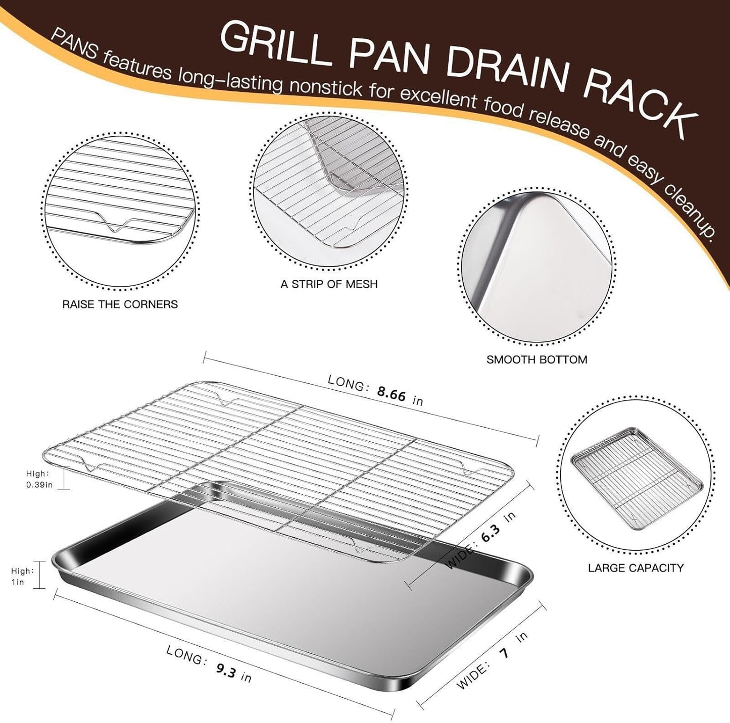 Baking Sheet with Racks Set [2 Sheets + 2 Racks], Stainless Steel Baking Sheets with Cooling Racks, Nonstick Pan, Warp Proof & Rust Proof & Easy to Clean, Size 9.3 X 7 X 1 Inch