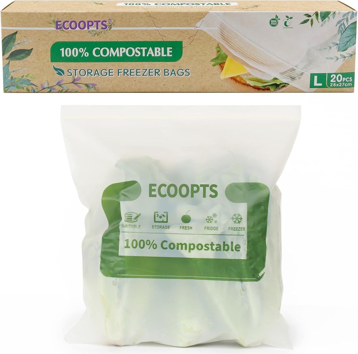 100% Compostable Large Gallon Zip Bag | ECO-Friendly Food Storage Bags | Freezer Bag | Plant-Based BPA-free | Seal well for Fruit,Food and Snack (1, Large)