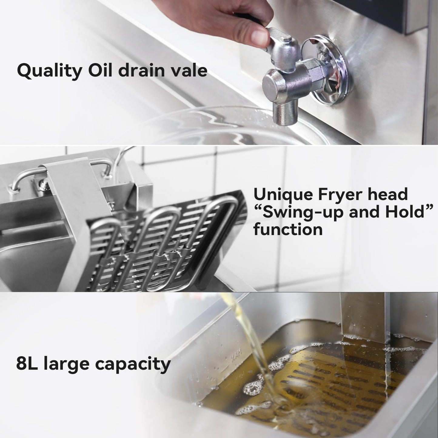 CROSSON 8L Countertop Electric Deep Fryer with Draining Valve,Solid Basket and Lid for Restaurant Use 120V,1800W Stainless Steel Commercial Deep Fryer