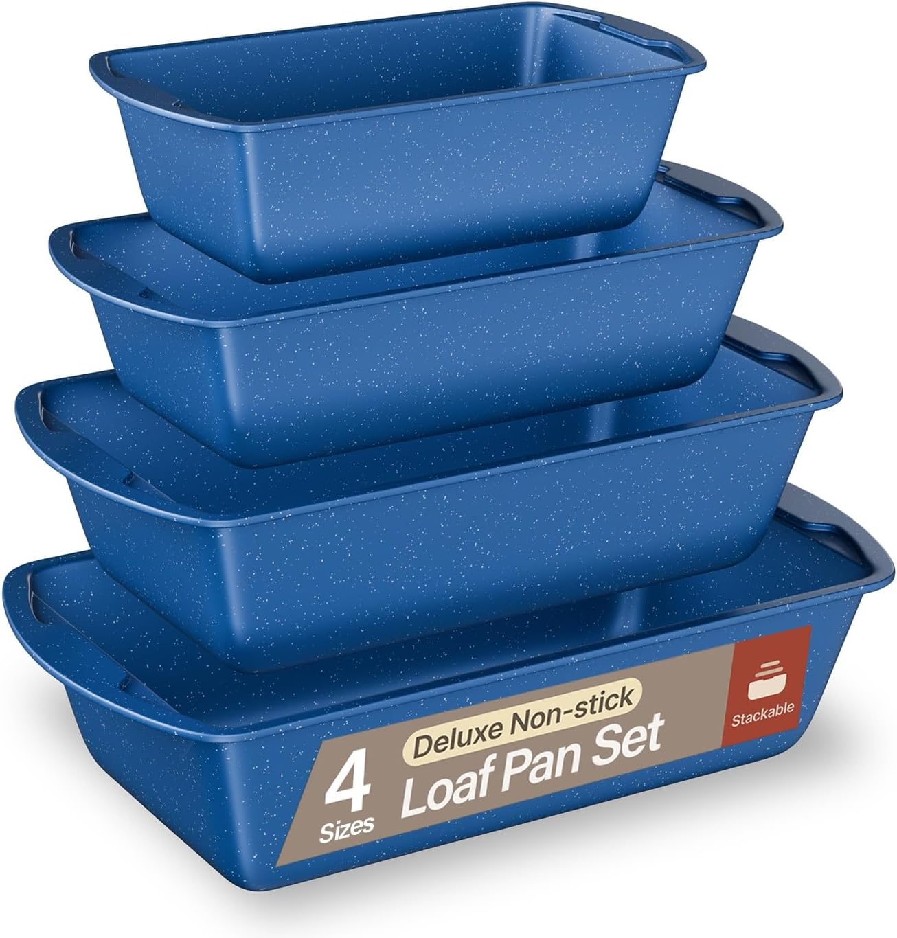 Nonstick Loaf Pan Set Pack of 4, 7" to 11" Large Baking Bread Pan, Oven Safe Up to 450°F, PFOA, PFOS, PTFE Free, Space Saving Stackable Design, Stain Resistant, Dishwasher Friendly, Blue Marble