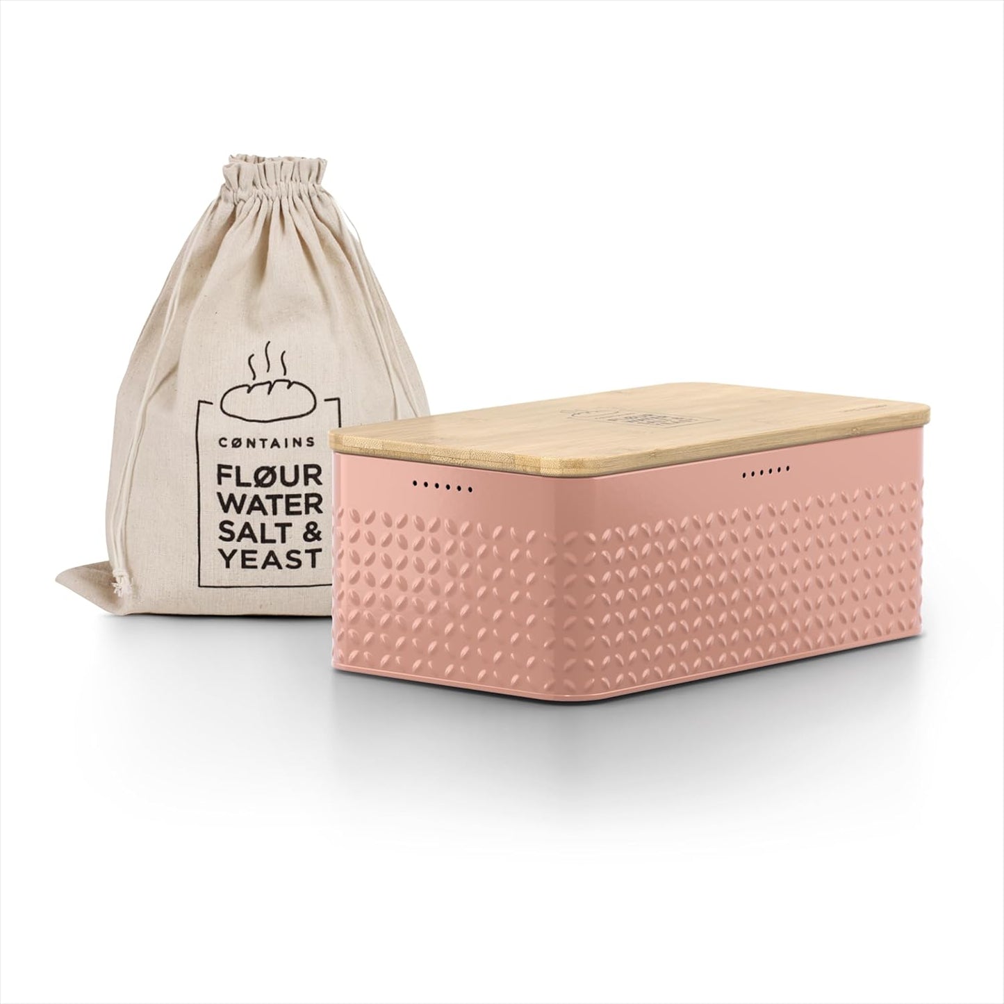 LARS NYSØM Bread Box I Metal Box with linen bag for long lasting freshness I Bread Bin with bamboo lid usable as cutting board I 13.4x7.3x5.3In (Blush Rose)