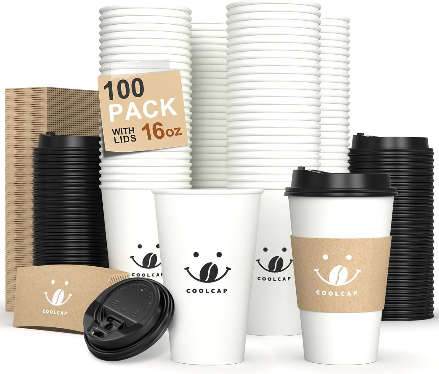 Coffee Cups with Lids and Sleeves, 16 Ounce 100 pack To Go Coffee Cups with Lids, Hot Coffee Paper Cups Bulk for Hot Beverage (16 Ounce, White)