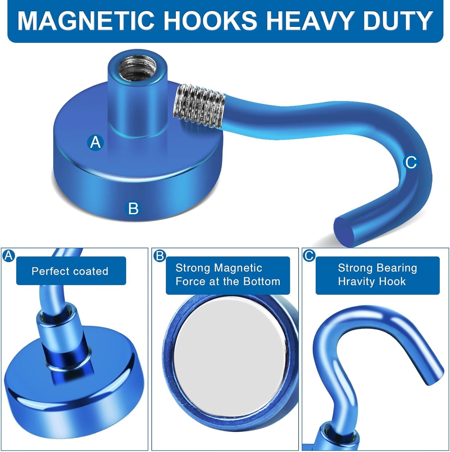 LOVIMAG Magnetic Hooks Heavy Duty, 150LBS Strong Magnets with Hooks for Cruise Cabins, Neodymium Magnet Hooks for Hanging, Blue Magnetic Hooks for Kitchen, Tool Room, Grill- 4 Pcs