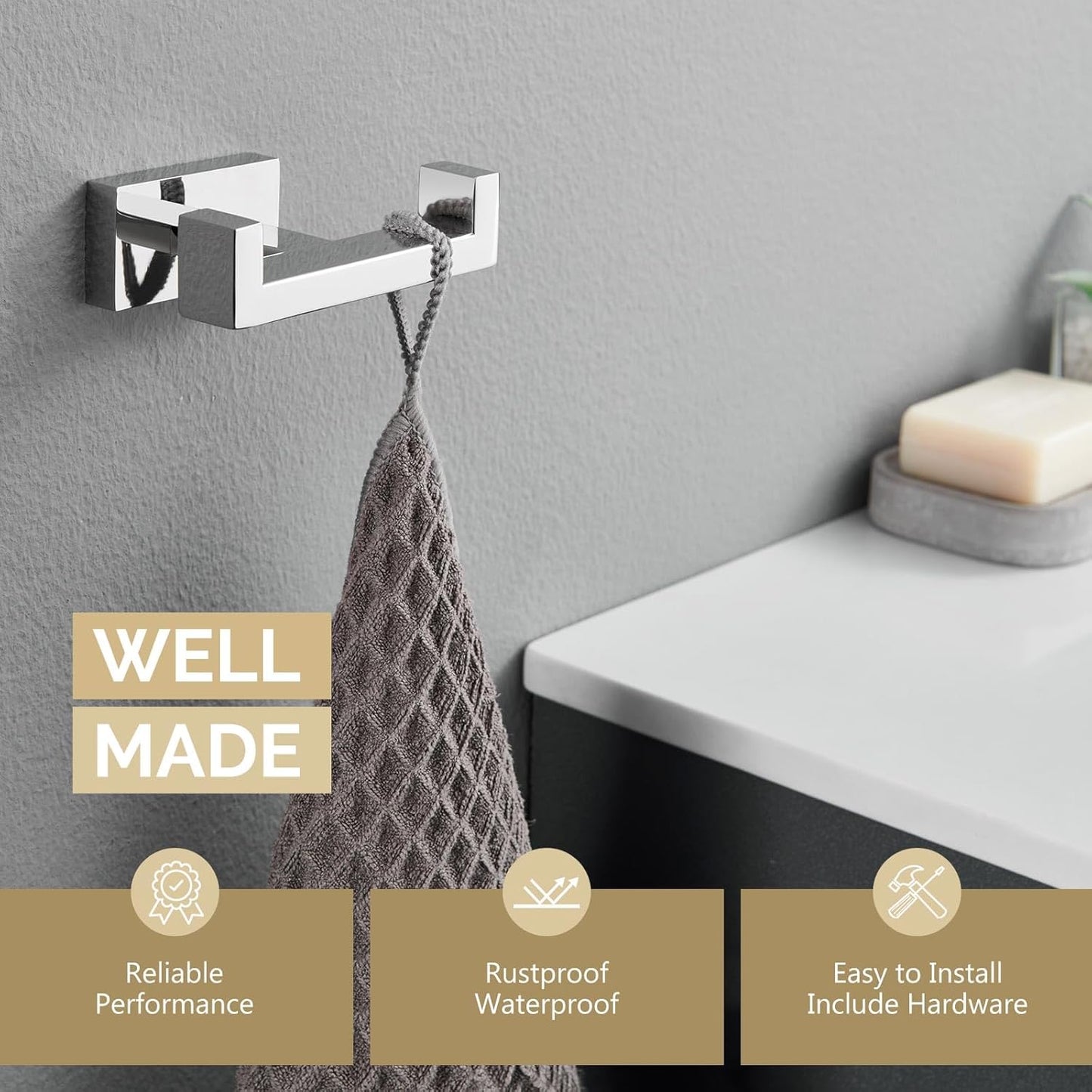 Angle Simple Bathroom Towel Hook, SUS 304 Stainless Steel Hand Towel Double Hook for Wall, Robe Coat Holder, Polished Chrome