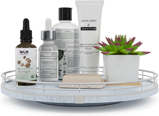 13" Oak Bathroom Vanity Tray Turntable for Perfume Candle, Round Wooden Decorative Tray for Kitchen Sink Countertop Organizer, Bathroom Counter Organizer for Skincare Makeup, Rustic White