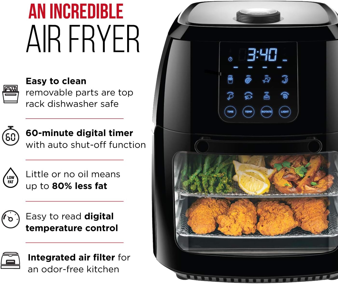 Chefman Compact 6.3-Qt 4-In-1 Digital Air Fryer+, Rotisserie, Dehydrator, Convection Oven, XL Family Size, 8 Touch Screen Presets, BPA-Free, Auto Shutoff, Accessories Included, Black