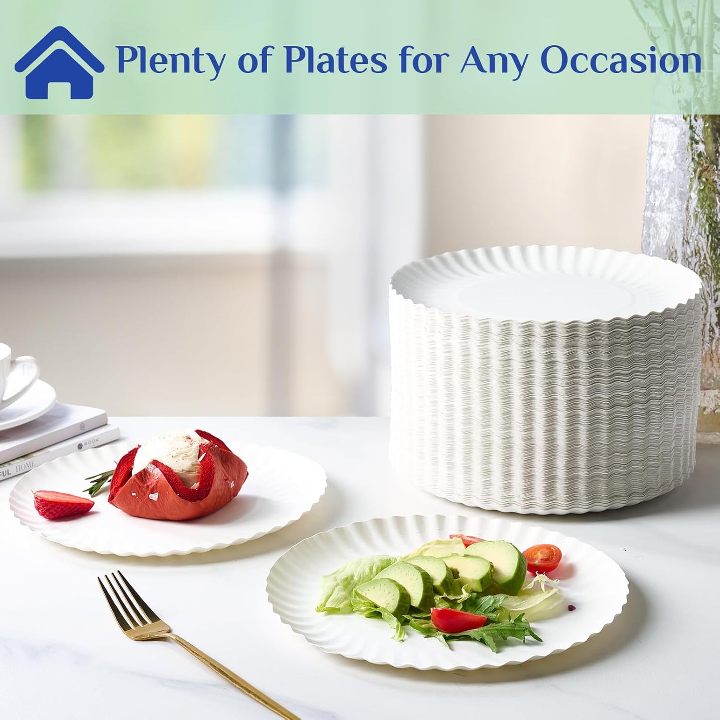 MUCHII 300 Count 9 Inch Paper Plates, Disposable Dinner Plates Bulk, White Plate Uncoated for Parties, Catering, Picnics, and DIY