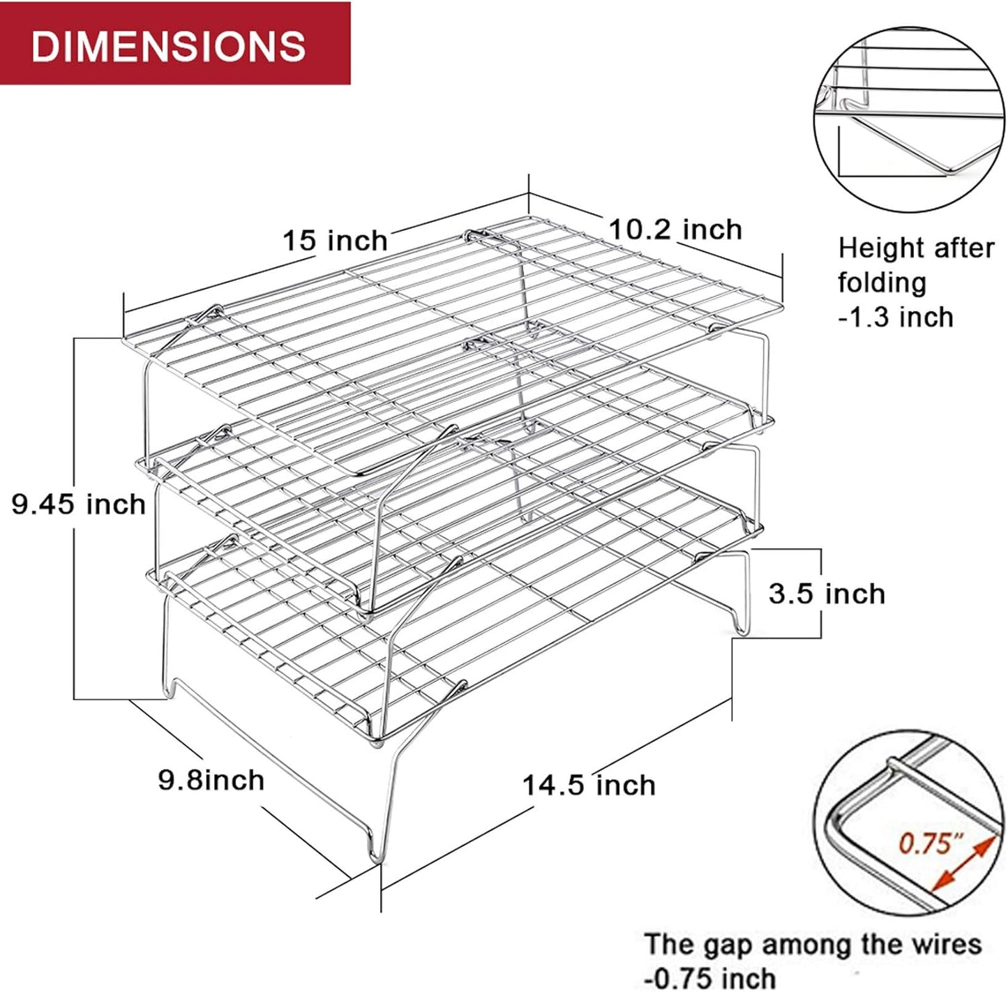 P&P CHEF 3-Tier Cooling Rack Set, Stackable Stainless Steel Baking Cooling Roasting Cooking Racks for Cake, Pastry, Bread, Meat, Bacon, Collapsible & Thick Wire, Oven Safe, 15" x10", Silver