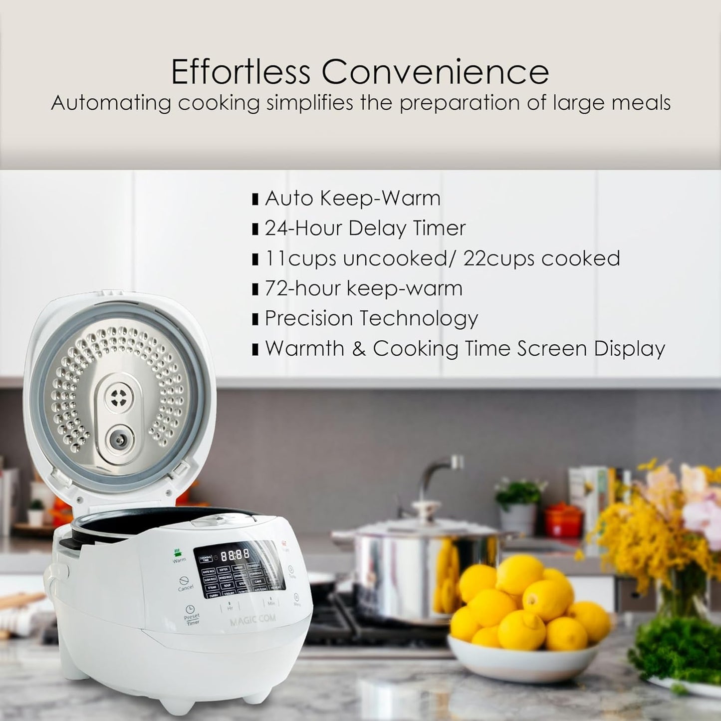 MAGiC COM Rice Cooker, 10 Cup(Uncooked) 20 Cup(Cooked) One Touch Healthy Cooking with 15 Menu Modes, Nonstick Inner Pot, Steamer Basket, Auto Clean, 24 Hour Delay Timer and Auto Keep Warm(White)