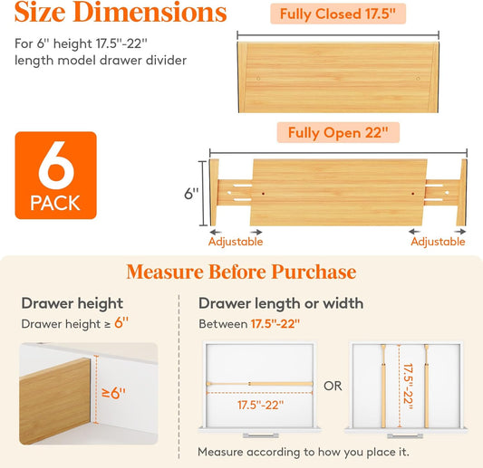 Lifewit 6 Pack 6" Deep Bamboo Drawer Dividers, 17.5-22" Expandable Drawer Organisers for Clothes, Adjustable Dresser Drawer Divider, Clothing Drawers Separators for Dresser, Bedroom, Bathroom, Office