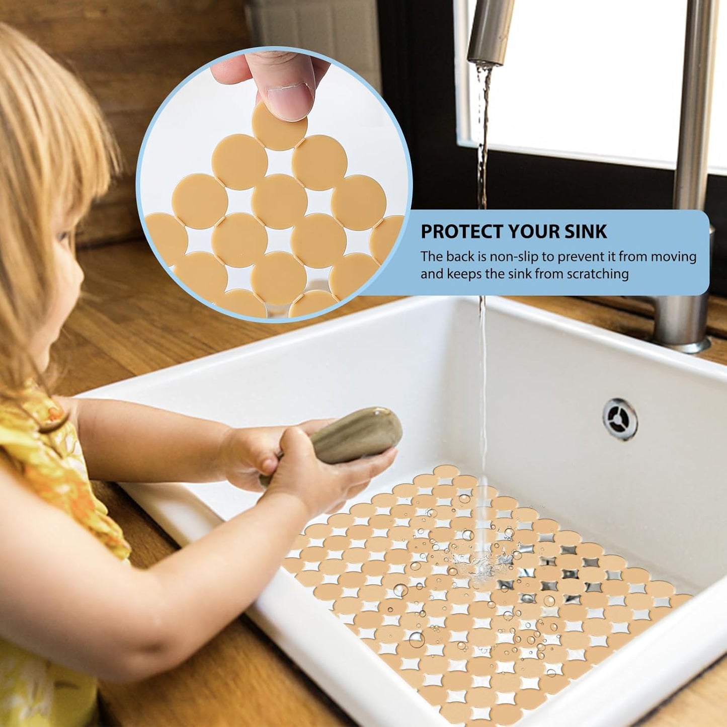 Qulable 2Pack Kitchen Sink Mat for Stainless Steel/Ceramic Sinks, PVC Eco-friendly Protectors for Bottom of Kitchen Sink, Adjustable, Fast Draining, Dots Design, 11.8x15.7 (Wheat)