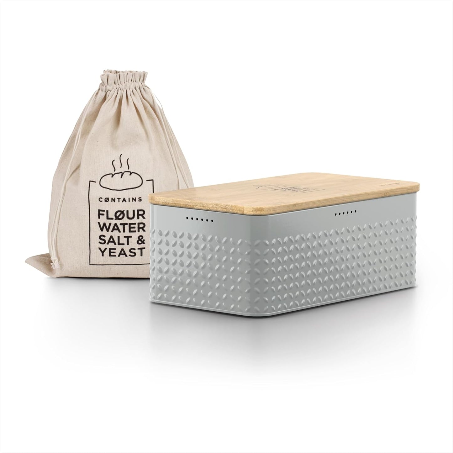 LARS NYSØM Bread Box I Metal Box with linen bag for long lasting freshness I Bread Bin with bamboo lid usable as cutting board I 13.4x7.3x5.3In (Ash Gray)