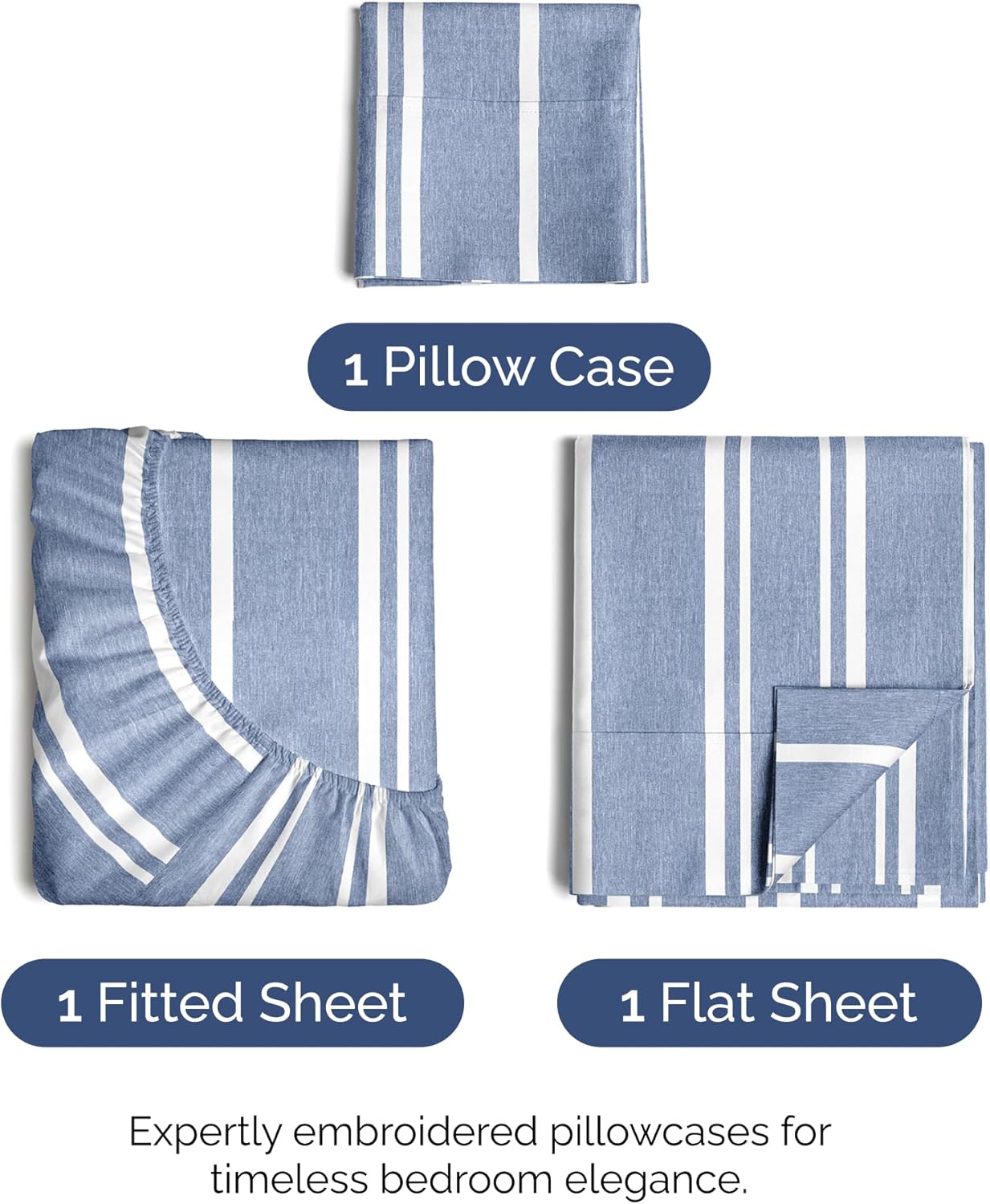 Twin XL Size 3 Piece Sheet Set - Comfy Breathable & Cooling Bed Sheets Set - Hotel Luxury Bedding for Women, Men, Kids, Teens, Boys & Girls - Deep Pockets and Wrinkle Free - Oeko-Tex - Blue Stripes 3