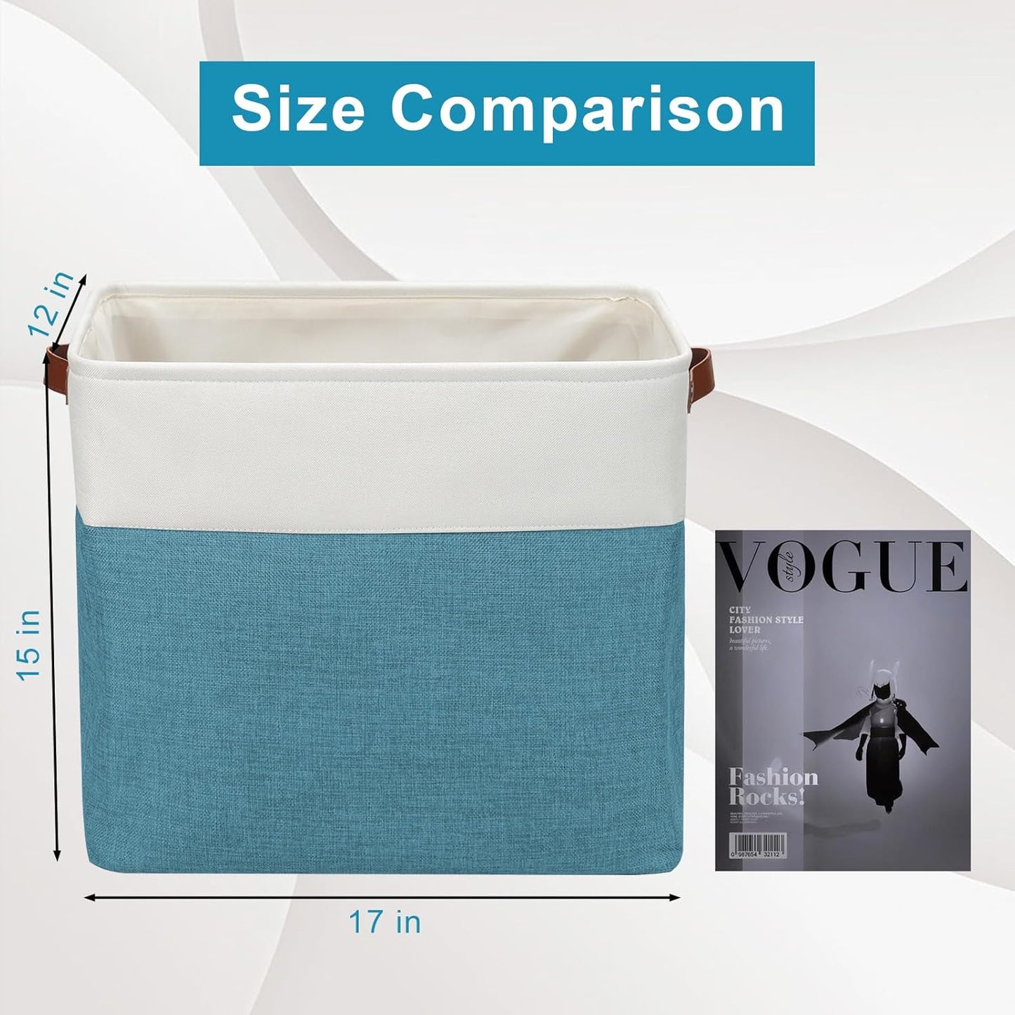 Large Fabric Storage Baskets | 50L Storage Bins, Decorative Linen Closet Baskets with Handles for Organizing, Shelf, Toys, Clothes, Home, Office, Nursery, 17x12x15Inches (Teal&White)