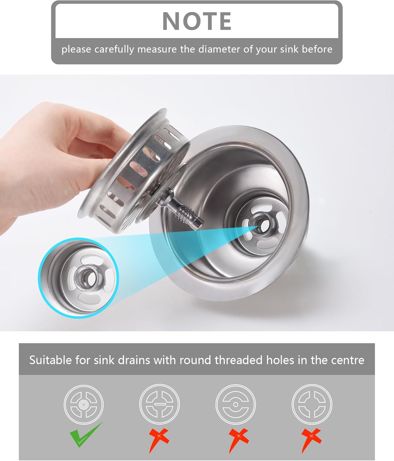 KONE Kitchen Sink Stopper Strainer Replacement for Standard 3-1/2 Inch Spin and Seal Drains with Threaded Stopper Function, Stainless Steel Sink Strainer, Twist Lock Basket Strainer Replacement