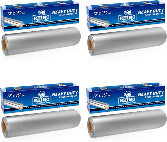 Rhino Aluminum Heavy Duty Aluminum Foil | Rhino 12 x 350 sf Long Roll, 25 Microns Thick | Commercial Grade & Extra Thick, Strong Enough for Food Service Industry (Pack of 4)