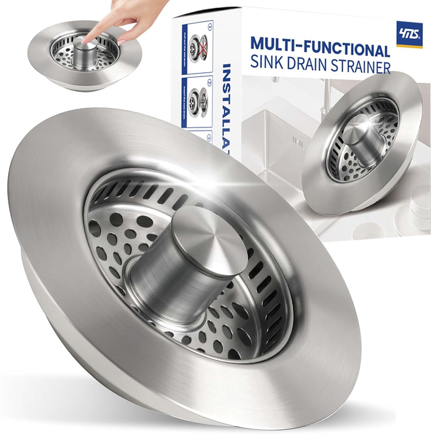 5-in-1 Stainless Steel Sink Aid, Kitchen Sink Drain Strainer Food Catcher, Popup Kitchen Sink Stopper & Odor Filter, Kitchen Sink Strainer Accessories with Drain Basket (Classic Brushed)