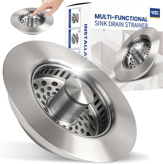 5-in-1 Stainless Steel Sink Aid, Kitchen Sink Drain Strainer Food Catcher, Popup Kitchen Sink Stopper & Odor Filter, Kitchen Sink Strainer Accessories with Drain Basket (Classic Brushed)