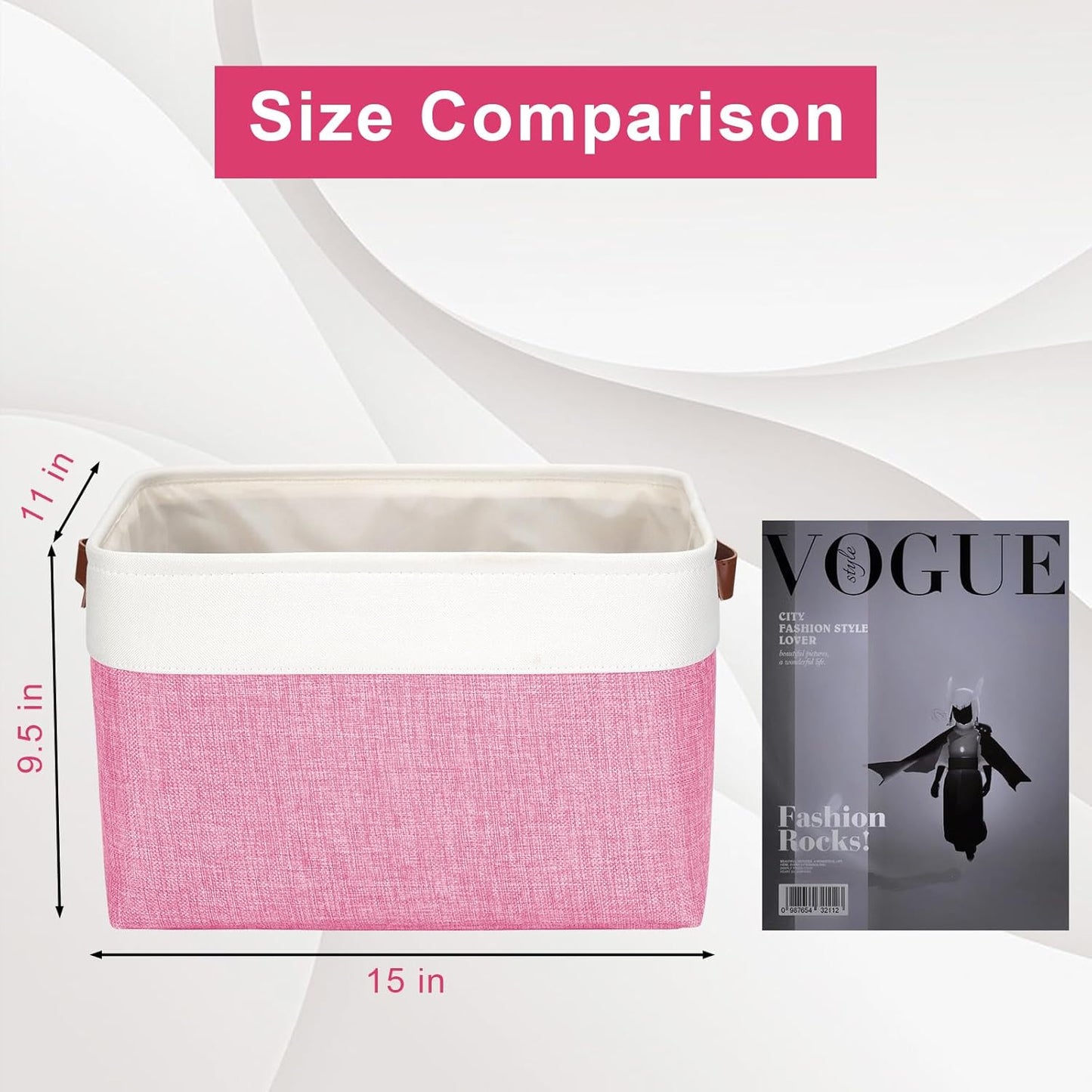Storage Bins Large Fabric Storage Baskets for Shelves 3 Pack, Decorative Linen Closet Baskets with Handles for Organizing, Shelf, Clothes, Home, Office, 15x11x9.5Inches (Pink&White)