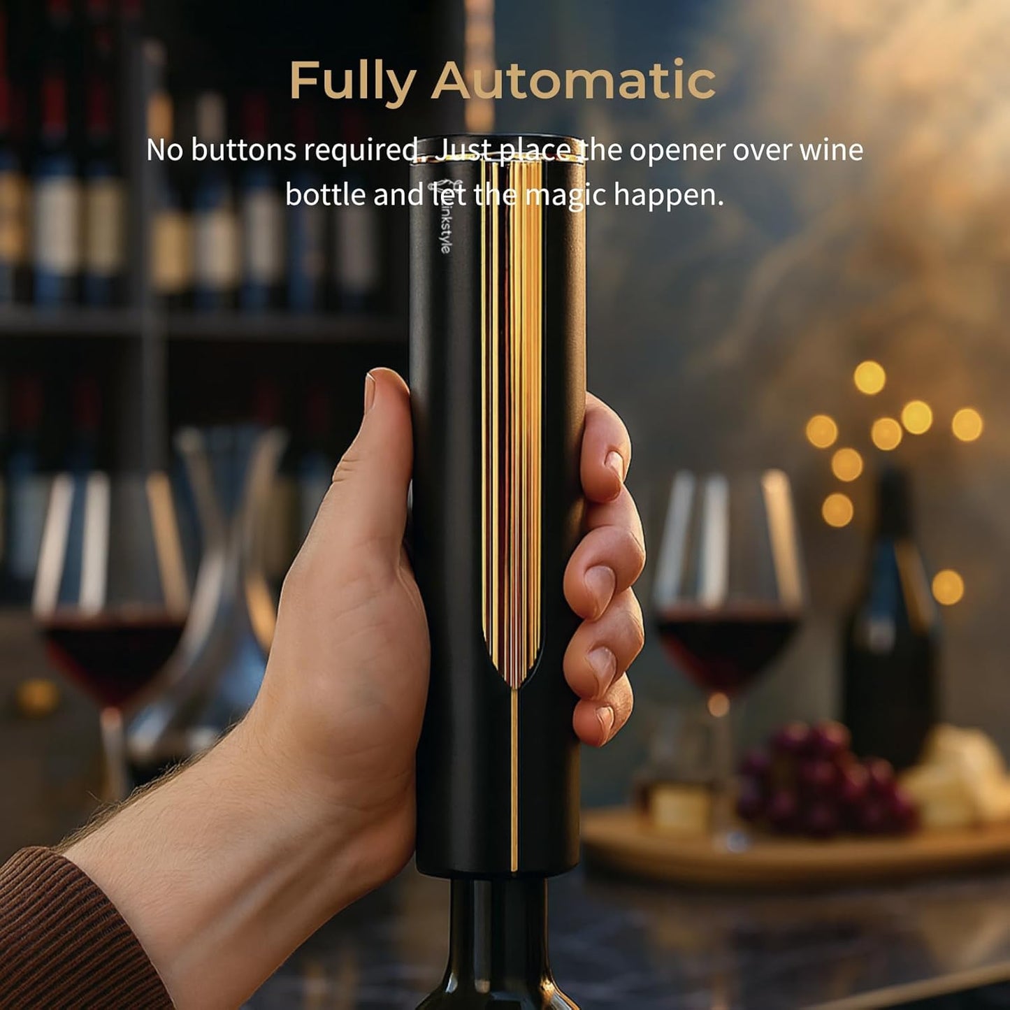 VINOWAKE Openero Electric Wine Opener By LINKSTYLE — Rechargeable Battery with Charging Base, Precision Steel Foil Cutter, Luxurious Matte Finish