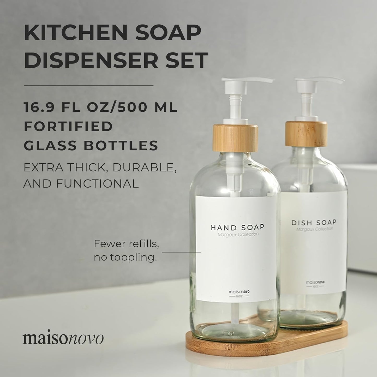 Maisonovo Glass Soap Dispenser Bathroom Set | Hand Soap and Dish Soap Dispenser Set | 16.9oz Clear Bottles with White Bamboo Pump | Bathroom Lotion Dispenser with Pump Set of 2